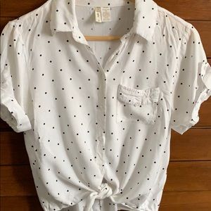 Polka Dot Button Up Tie Front Shirt S White Black